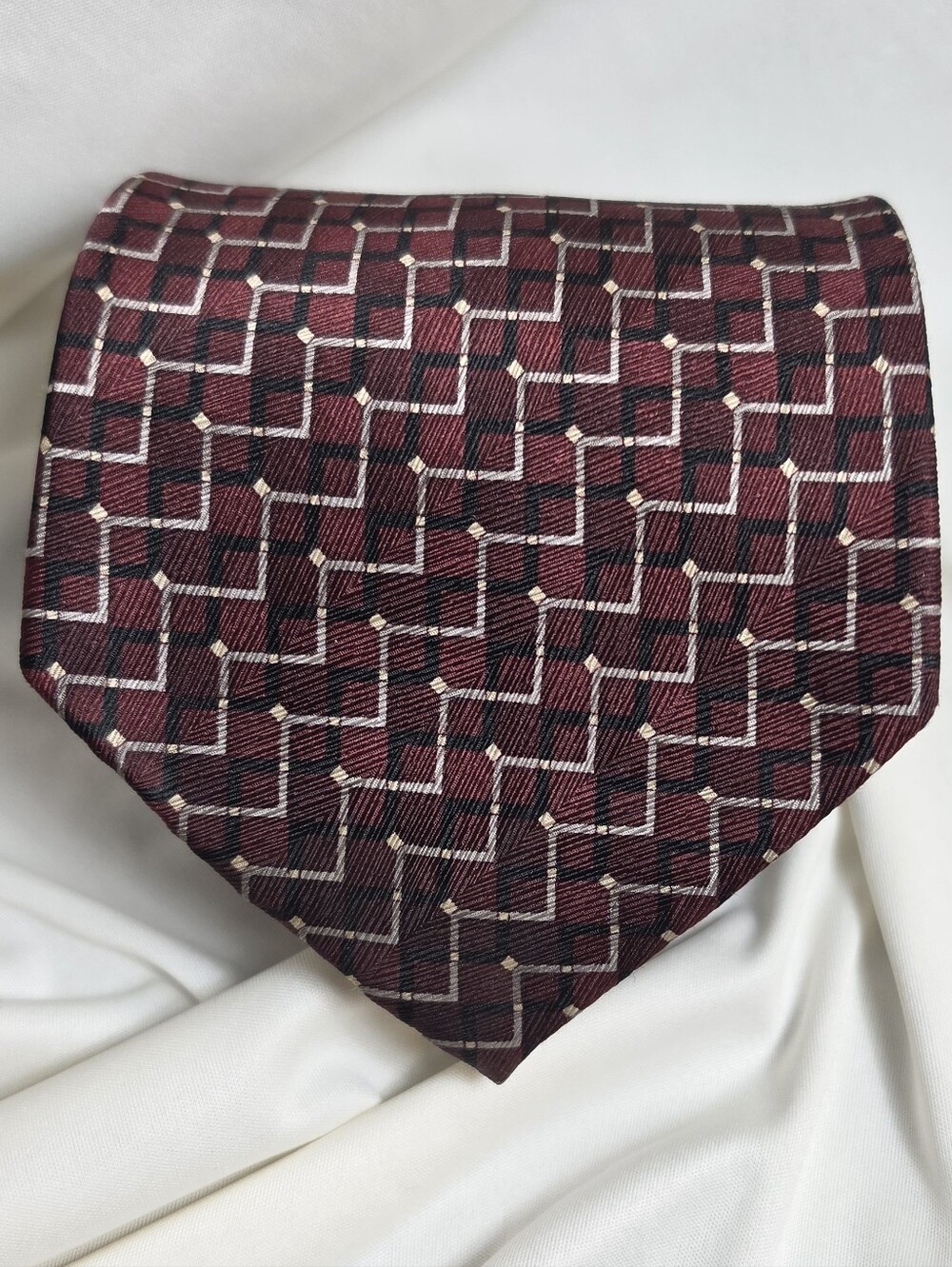 Keith Daniels Silk Tie Burgundy Black Gold Geometric Made in Italy 60" Necktie